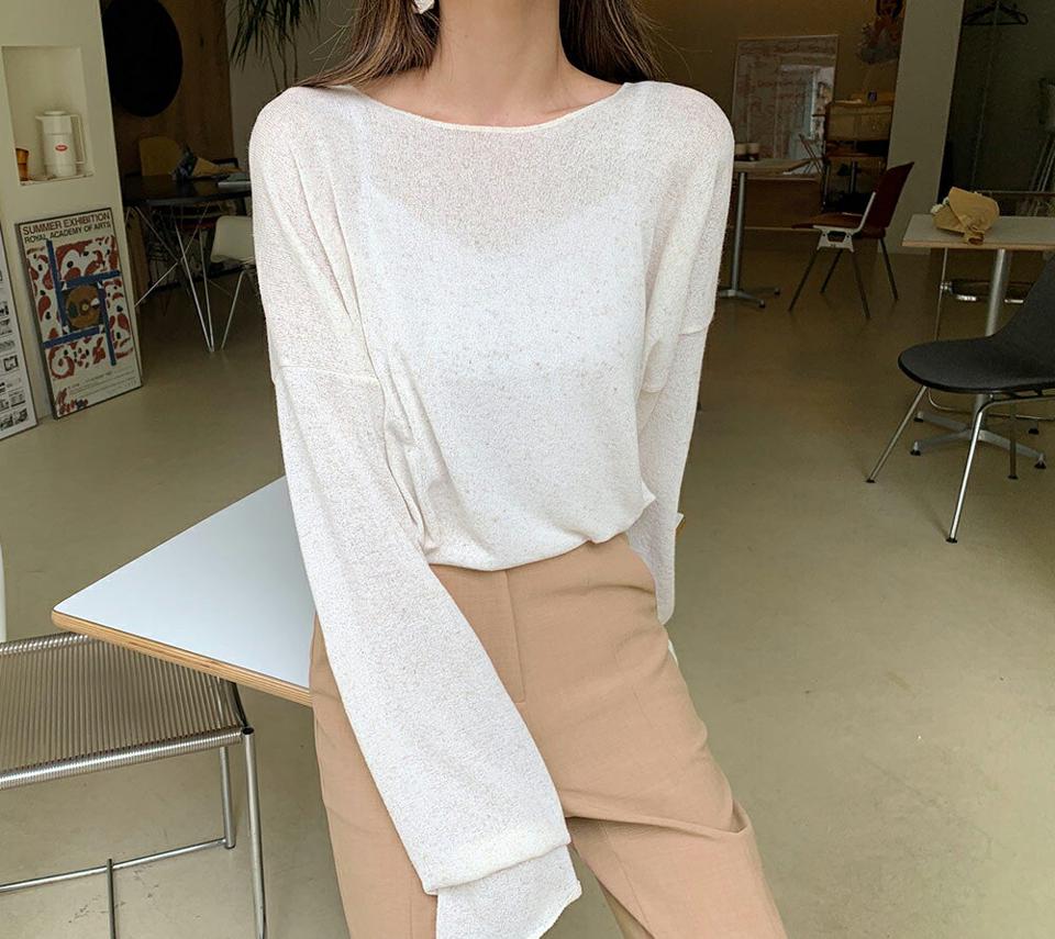 リネン混ラウンドルーズTシャツ・全4色・t63434 レディース 【tops】【韓国 ファッション トップス Tシャツ 長袖 リネン シアー ラウンドネック ルーズ ゆったり フェミニン カジュアル 体型カーバー デイリー 夏 春】