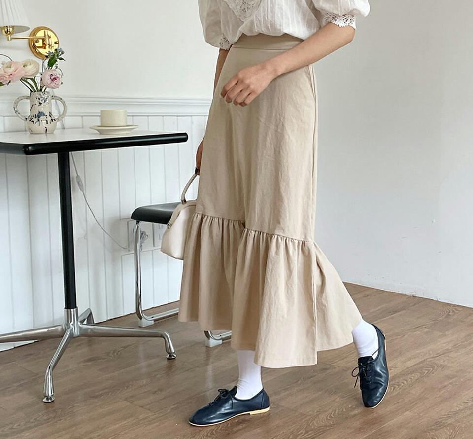 【全品10%OFF】フレアへムスカート・全4色・b63879 レディース 【sk】【韓国 ファッション ボトムス スカート ロング ロングスカート シンプル 無地 コットン Aライン ギャザー ゴム ガーリー カジュアル デイリー 体型カバー 細身 春 夏】【NIJU】