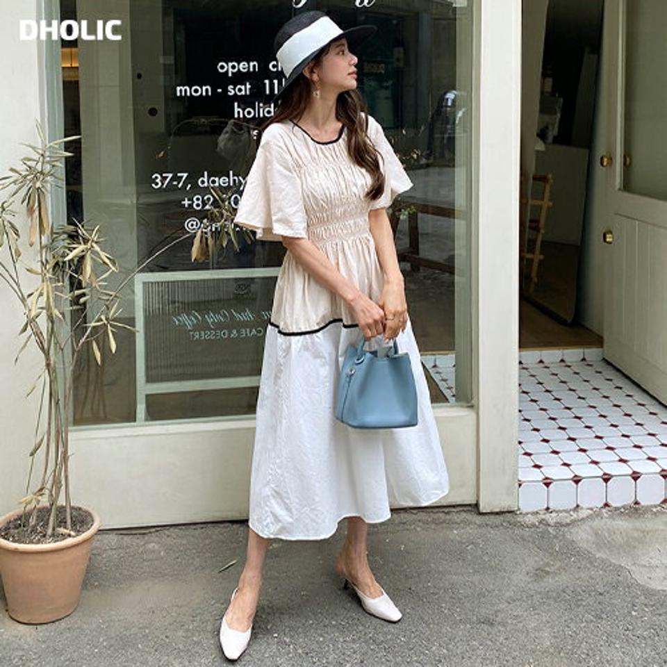 配色シャーリングワンピース・全2色・b63443 レディース 【ops】【韓国 ファッション ワンピース ロング ロングワンピース 半袖 シャーリング メリハリ ラウンドネック フレア スリム カジュアル シンプル 体型カバー 細身 夏 春】