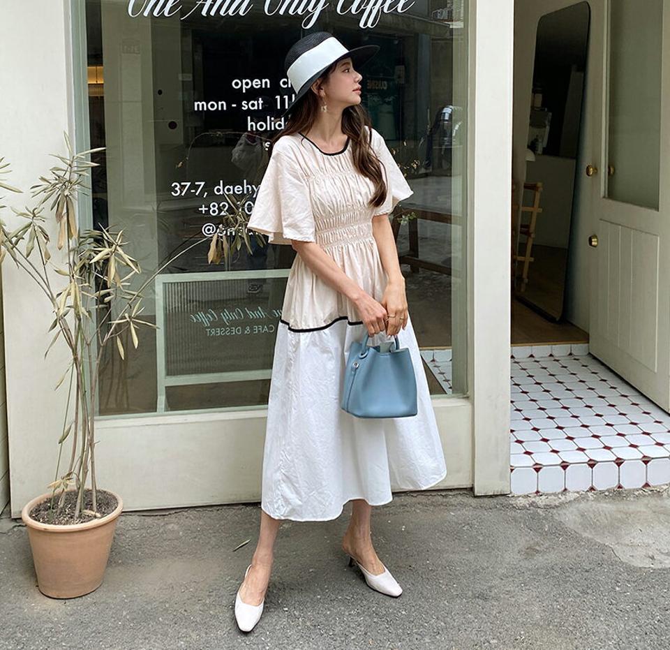 配色シャーリングワンピース・全2色・b63443 レディース 【ops】【韓国 ファッション ワンピース ロング ロングワンピース 半袖 シャーリング メリハリ ラウンドネック フレア スリム カジュアル シンプル 体型カバー 細身 夏 春】