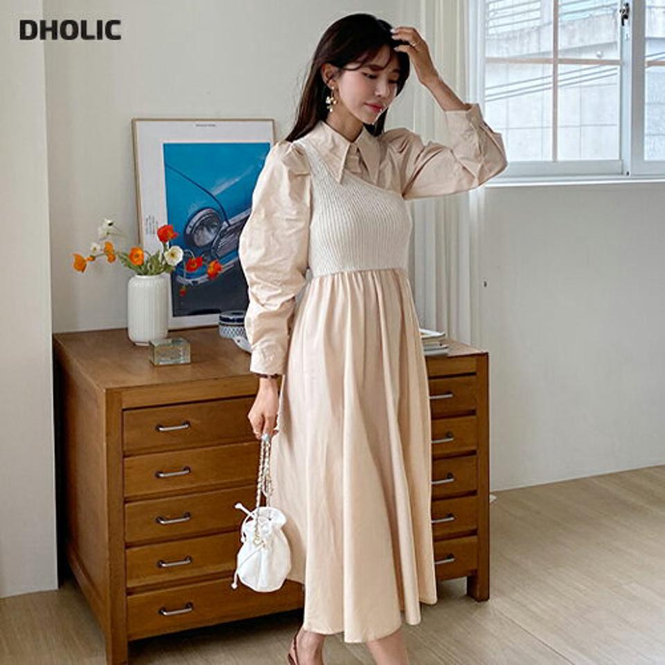 【タイム特価】ベストレイヤード風カラーワンピース・全2色・e63444 レディース 【ops】 韓国ファッション ワンピース ロングワンピース 長袖 シャツワンピース 異素材 レイヤード風 フレア スリム カジュアル シンプル 夏 春 【TS】セール