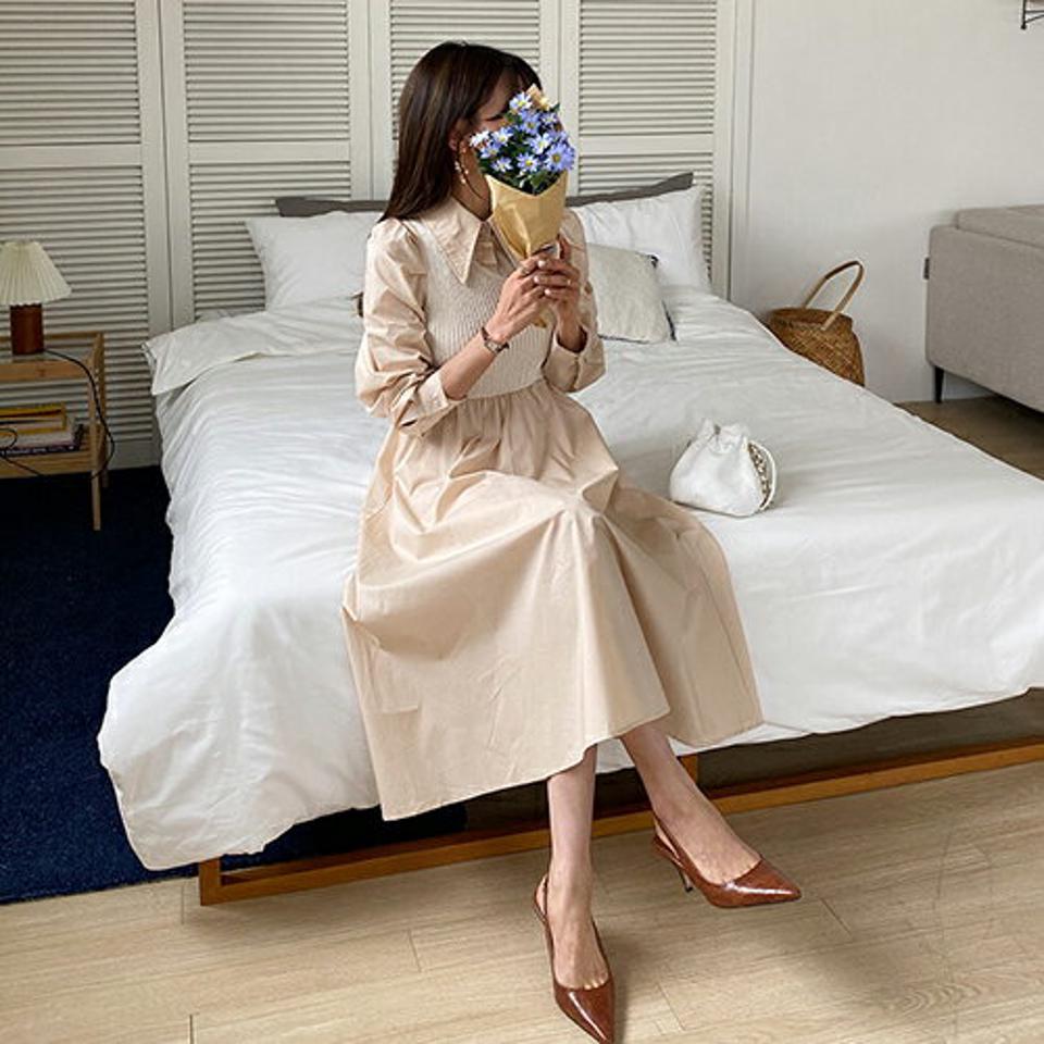 【タイム特価】ベストレイヤード風カラーワンピース・全2色・e63444 レディース 【ops】 韓国ファッション ワンピース ロングワンピース 長袖 シャツワンピース 異素材 レイヤード風 フレア スリム カジュアル シンプル 夏 春 【TS】セール