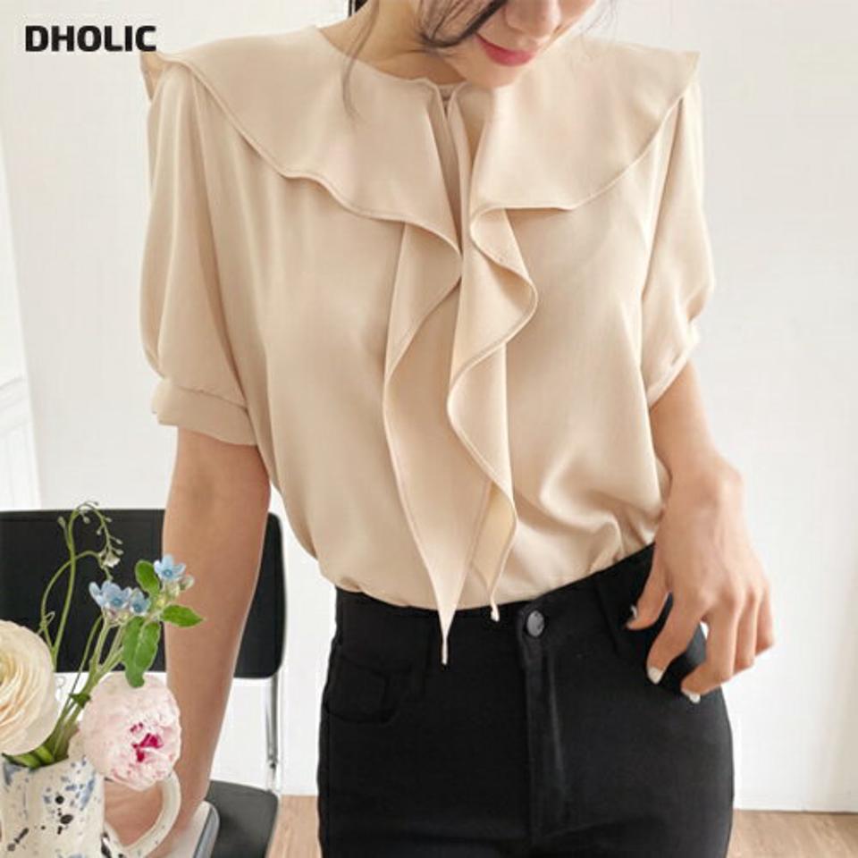 フリルネックブラウス・全5色・t63860 レディース 【bl】【韓国 ファッション トップス ブラウス 半袖 フリルネック フリル ルーズ ゆったり ガーリー 体型カバー 細身 春 夏】【NIJU】