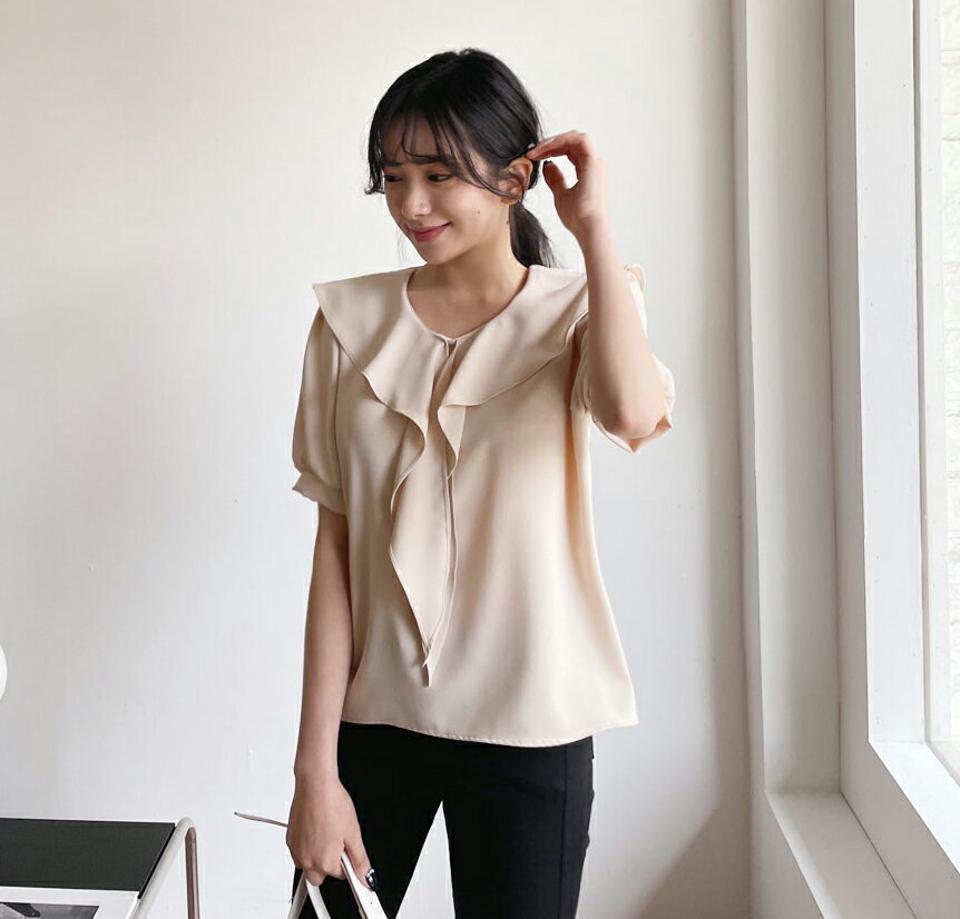 フリルネックブラウス・全5色・t63860 レディース 【bl】【韓国 ファッション トップス ブラウス 半袖 フリルネック フリル ルーズ ゆったり ガーリー 体型カバー 細身 春 夏】【NIJU】