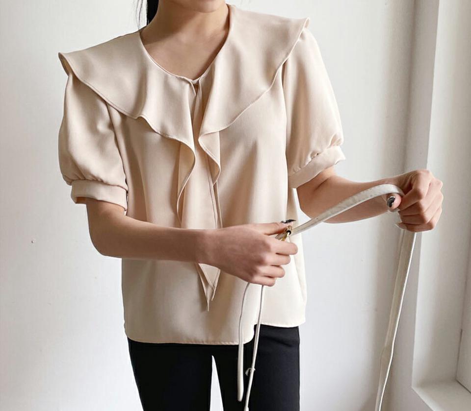 フリルネックブラウス・全5色・t63860 レディース 【bl】【韓国 ファッション トップス ブラウス 半袖 フリルネック フリル ルーズ ゆったり ガーリー 体型カバー 細身 春 夏】【NIJU】