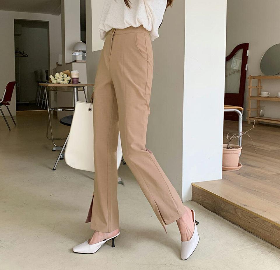 スリットストレートスラックス・全2色・t63454 レディース 【pt】 韓国 ファッション ボトムス ロング ロングパンツ スラックス オフィス オフィスカジュアル スリム ストレート 美脚 体型カーバー 10分丈 十分丈 夏 春