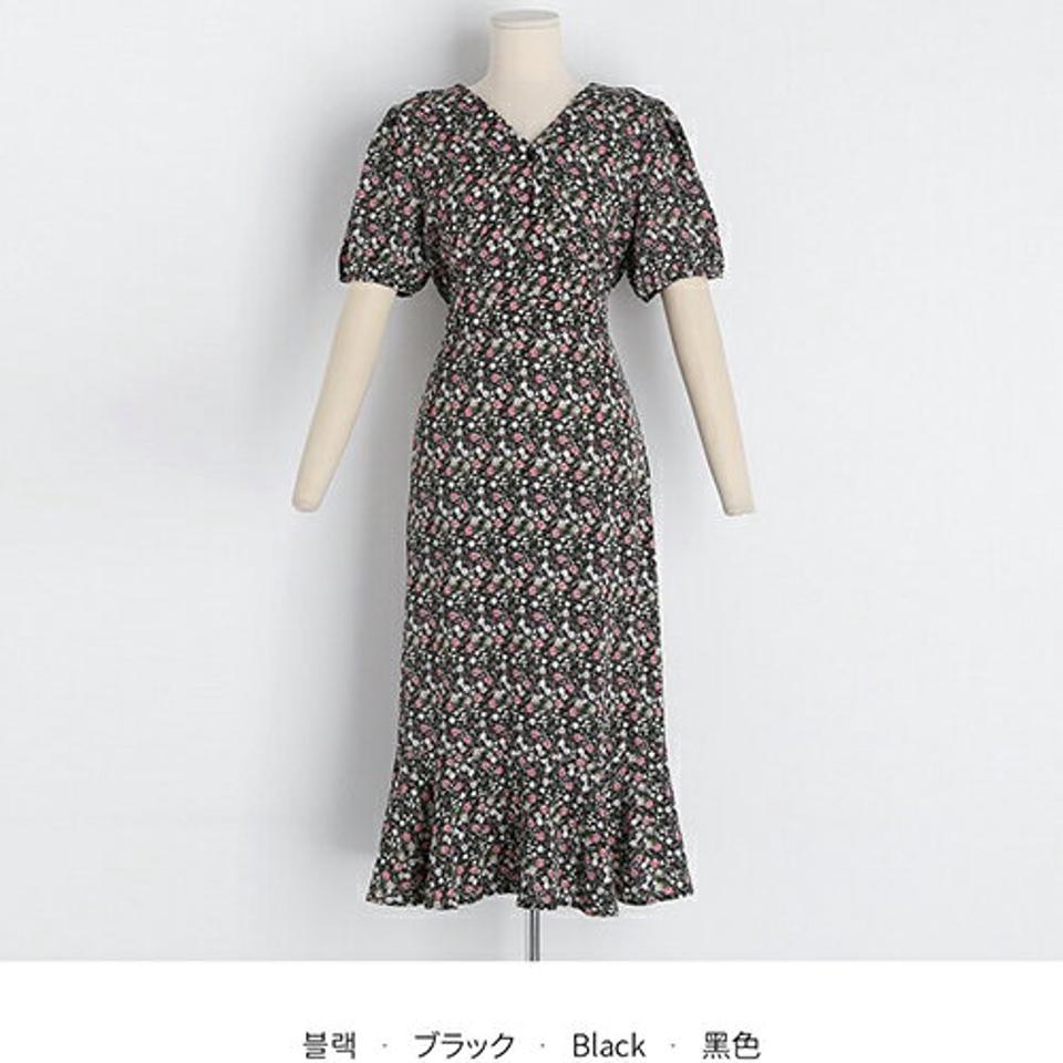 花柄Vネックリボンワンピース・全2色・b63442 レディース 【ops】【韓国 ファッション ワンピース ロング ロングワンピース 半袖 花柄 フラワー パターン 小花柄 カジュアル シンプル 体型カバー 細身 夏 春】