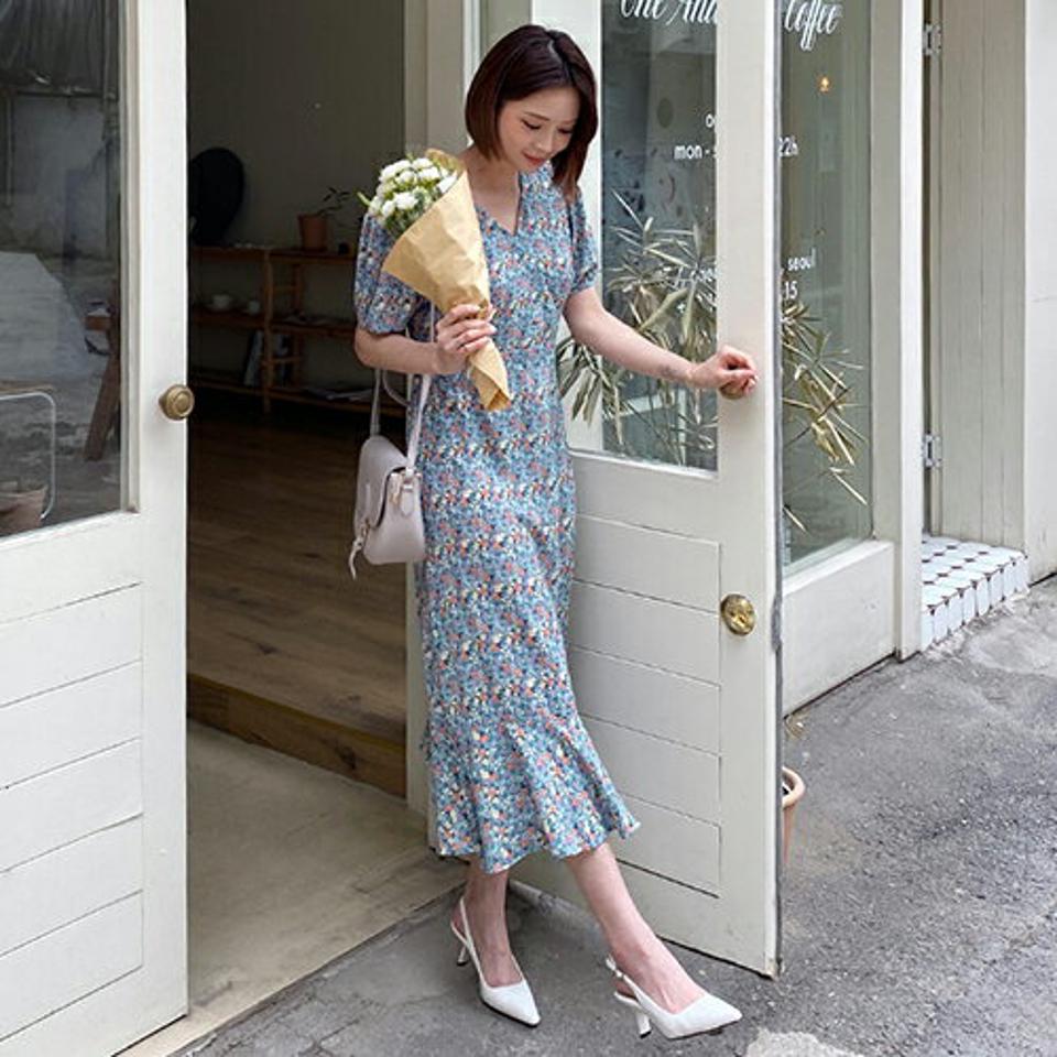 花柄Vネックリボンワンピース・全2色・b63442 レディース 【ops】【韓国 ファッション ワンピース ロング ロングワンピース 半袖 花柄 フラワー パターン 小花柄 カジュアル シンプル 体型カバー 細身 夏 春】