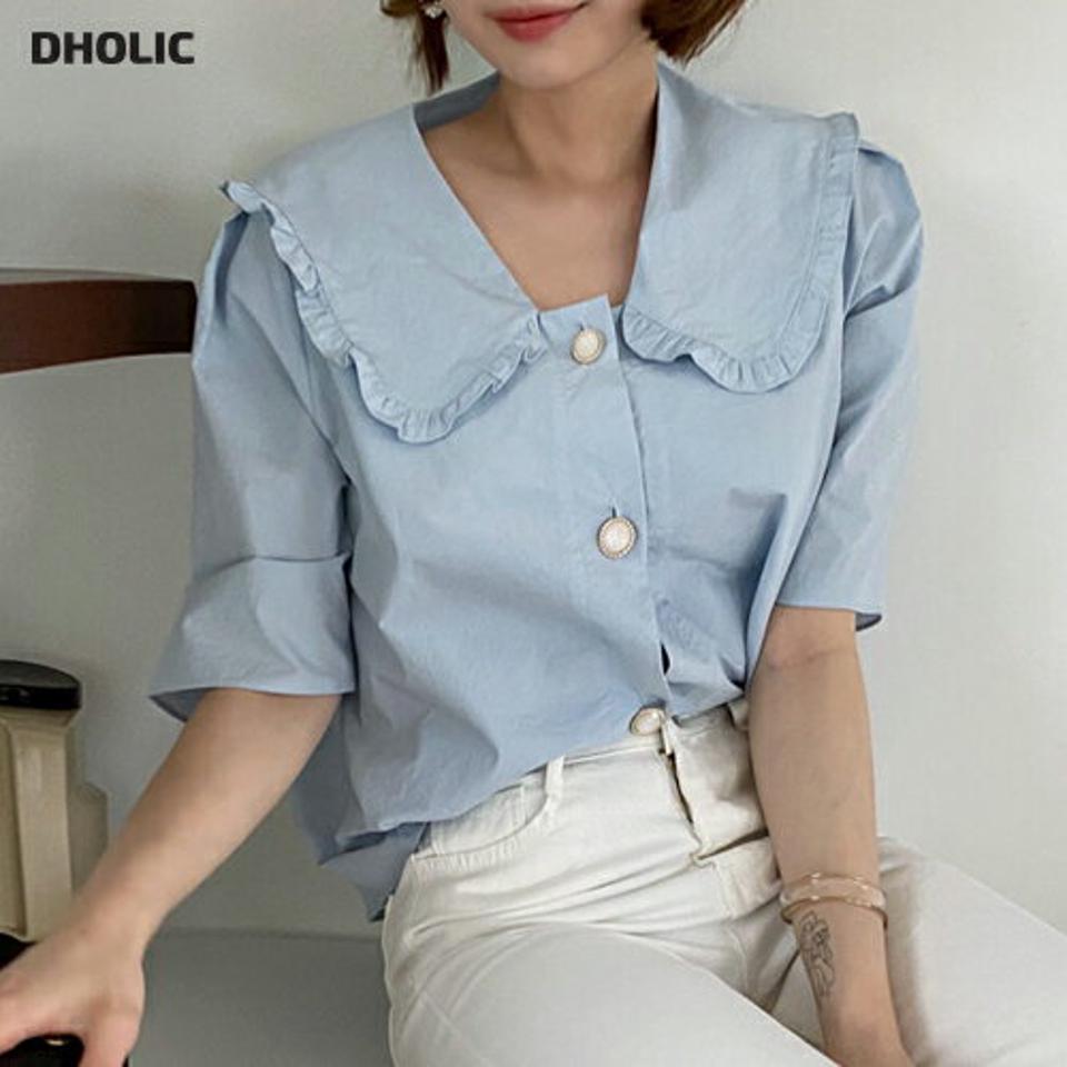 フリルカラーパール調ボタンブラウス・全3色・t63438 レディース 【bl】【韓国 ファッション トップス ブラウス 半袖 襟 ガーリー フリル ビックカラー フリルカラー ハーフスリーブ 体型カバー スリム ベーシック 小顔 夏 春】