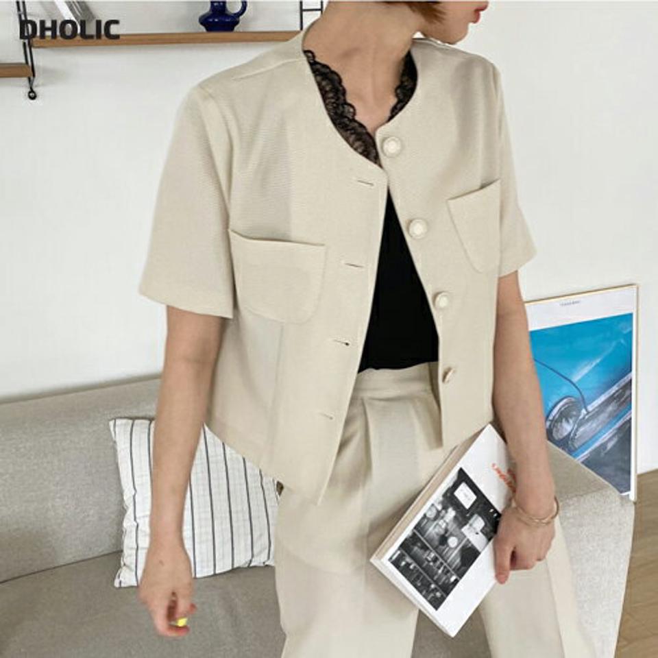 ハウンドトゥースブラウス・全2色・t63446 レディース 【bl】 韓国 ファッション トップス ブラウス 半袖 ハウンドトゥース ボタン ノーカラー ラウンドネック 体型カバー スリム ベーシック 無地 ガーリー 夏 春