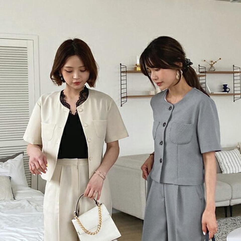 ハウンドトゥースブラウス・全2色・t63446 レディース 【bl】 韓国 ファッション トップス ブラウス 半袖 ハウンドトゥース ボタン ノーカラー ラウンドネック 体型カバー スリム ベーシック 無地 ガーリー 夏 春