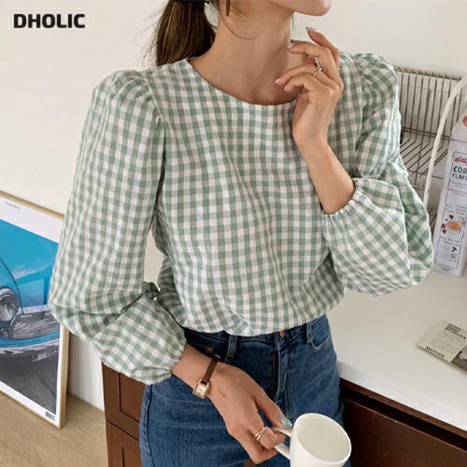 【スーパーセール特価】チェックパフブラウス・全4色・t63437 レディース 【bl】 韓国 ファッション トップス ブラウス 長袖 ガーリー カジュアル チェック柄 ラウンドネック パフスリーブ ゴム 体型カバー スリム ベーシック かわいい 夏 春