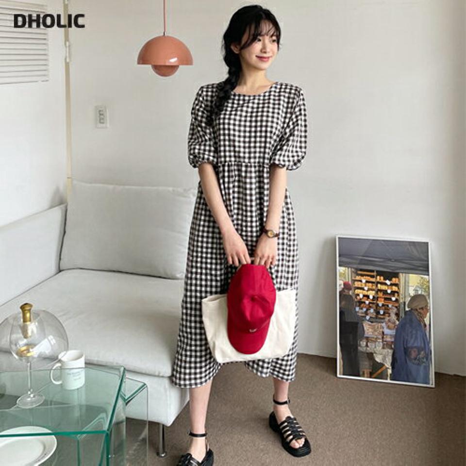 チェックギャザーワンピース・全3色・t63869 レディース 【ops】 韓国 ファッション ワンピース ロング ロングワンピース チェック パターン ガーリー ギャザー ルーズ ゆったり カジュアル フェミニン 体型カバー 春 夏 NIJU