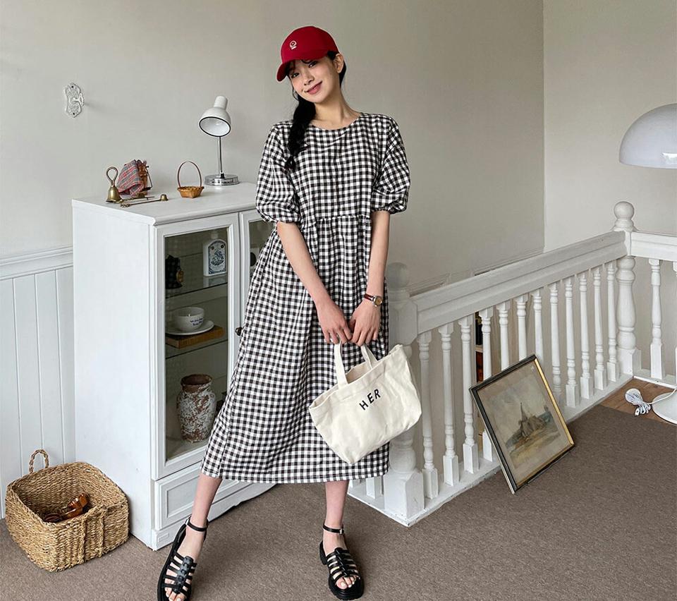 チェックギャザーワンピース・全3色・t63869 レディース 【ops】 韓国 ファッション ワンピース ロング ロングワンピース チェック パターン ガーリー ギャザー ルーズ ゆったり カジュアル フェミニン 体型カバー 春 夏 NIJU