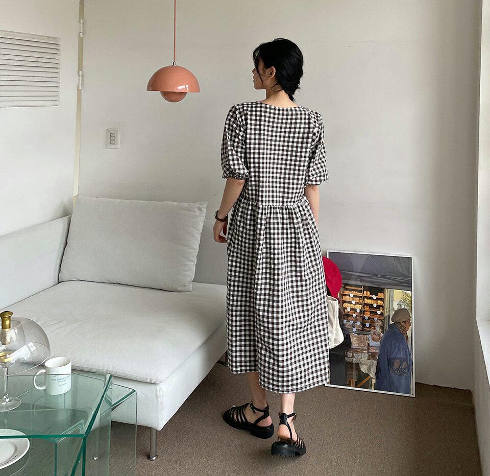 チェックギャザーワンピース・全3色・t63869 レディース 【ops】 韓国 ファッション ワンピース ロング ロングワンピース チェック パターン ガーリー ギャザー ルーズ ゆったり カジュアル フェミニン 体型カバー 春 夏 NIJU