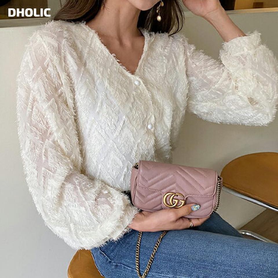 Vネックテクスチャーブラウス・全4色・t63440 レディース 【bl】【韓国 ファッション トップス ブラウス 長袖 Vネック パール調 パフスリーブ シースルー ダイヤ パターン 体型カバー スリム ベーシック 夏 春】