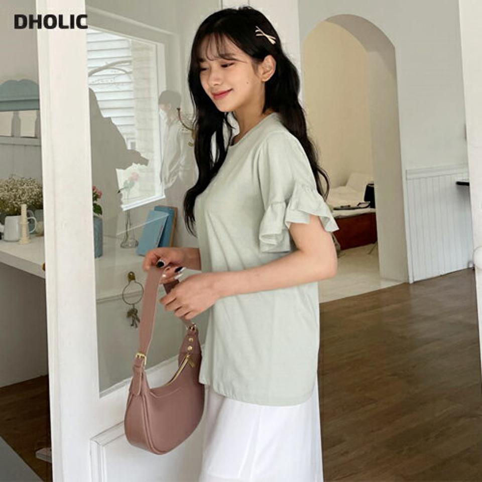 フリルスリーブTシャツ・全5色・b63857 レディース 【tops】【韓国 ファッション トップス Tシャツ 半袖 ウンドネック フリル ハーフスリーブ スリム フィット ベーシック 細身 カジュアル 体型カーバー 春 夏】【NIJU】