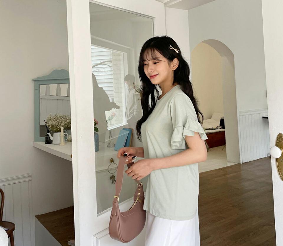 フリルスリーブTシャツ・全5色・b63857 レディース 【tops】【韓国 ファッション トップス Tシャツ 半袖 ウンドネック フリル ハーフスリーブ スリム フィット ベーシック 細身 カジュアル 体型カーバー 春 夏】【NIJU】