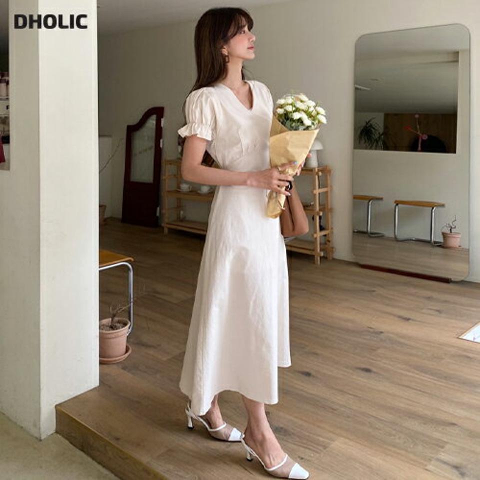 フリルスリーブワンピース・全3色・t63441 レディース 【ops】 韓国 ファッション ワンピース ロング ロングワンピース 半袖 ラブリー Vネック リボン フレア カジュアル シンプル 体型カバー 細身 夏 春