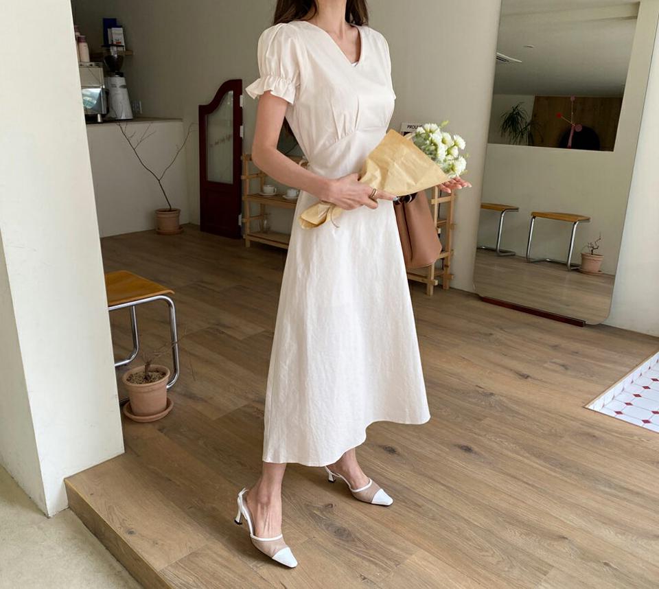 フリルスリーブワンピース・全3色・t63441 レディース 【ops】 韓国 ファッション ワンピース ロング ロングワンピース 半袖 ラブリー Vネック リボン フレア カジュアル シンプル 体型カバー 細身 夏 春