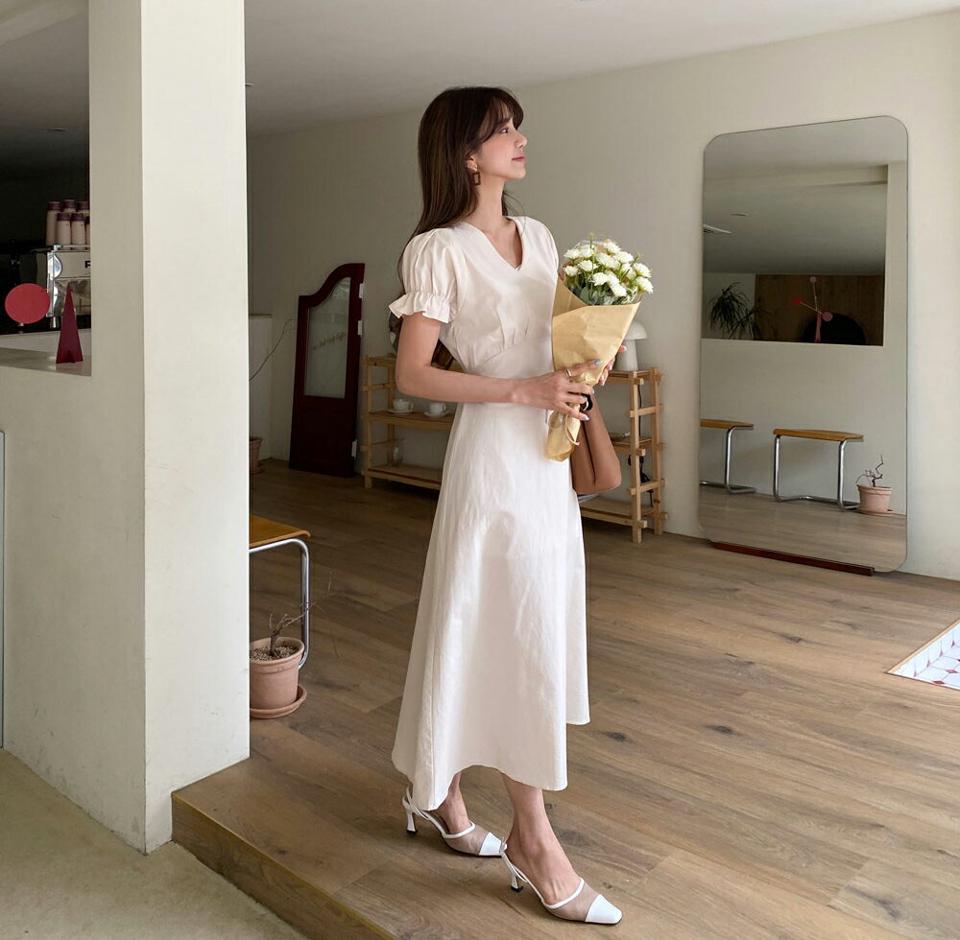 フリルスリーブワンピース・全3色・t63441 レディース 【ops】 韓国 ファッション ワンピース ロング ロングワンピース 半袖 ラブリー Vネック リボン フレア カジュアル シンプル 体型カバー 細身 夏 春