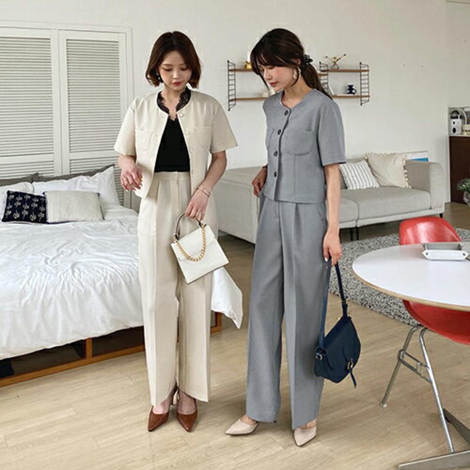 ハウンドトゥースブラウス&スラックスSET・全2色・t63448 レディース 【pt】 韓国 ファッション ボトムス ロング ロングパンツ スラックス ワイドスラックス ハウンドトゥース セットアップ ブラウス 美脚 体型カーバー 10分丈 十分丈 夏 春