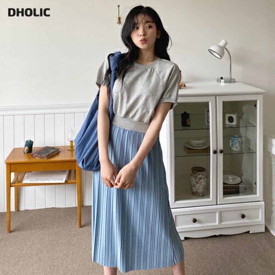 プリーツコントラストワンピース・全3色・b63868 レディース 【ops】【韓国 ファッション ワンピース ロング ロングワンピース 半袖 プリーツ 異素材 レイヤード風 コントラスト フェミニン 体型カバー 春 夏】【NIJU】