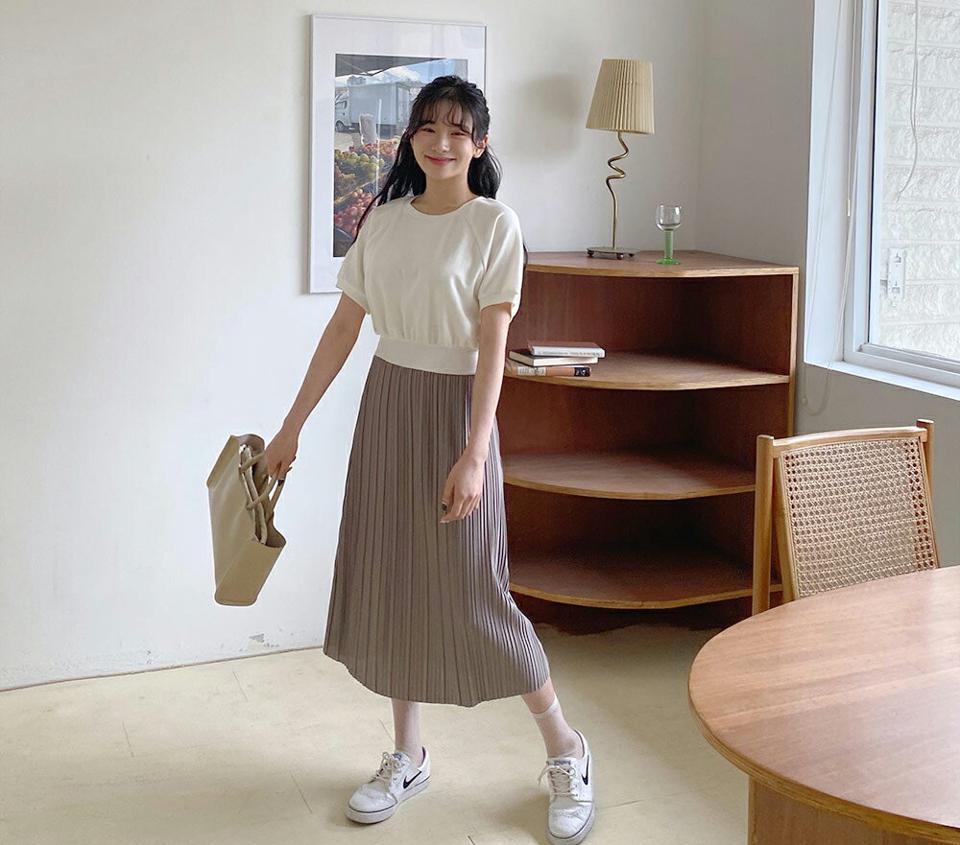 プリーツコントラストワンピース・全3色・b63868 レディース 【ops】【韓国 ファッション ワンピース ロング ロングワンピース 半袖 プリーツ 異素材 レイヤード風 コントラスト フェミニン 体型カバー 春 夏】【NIJU】