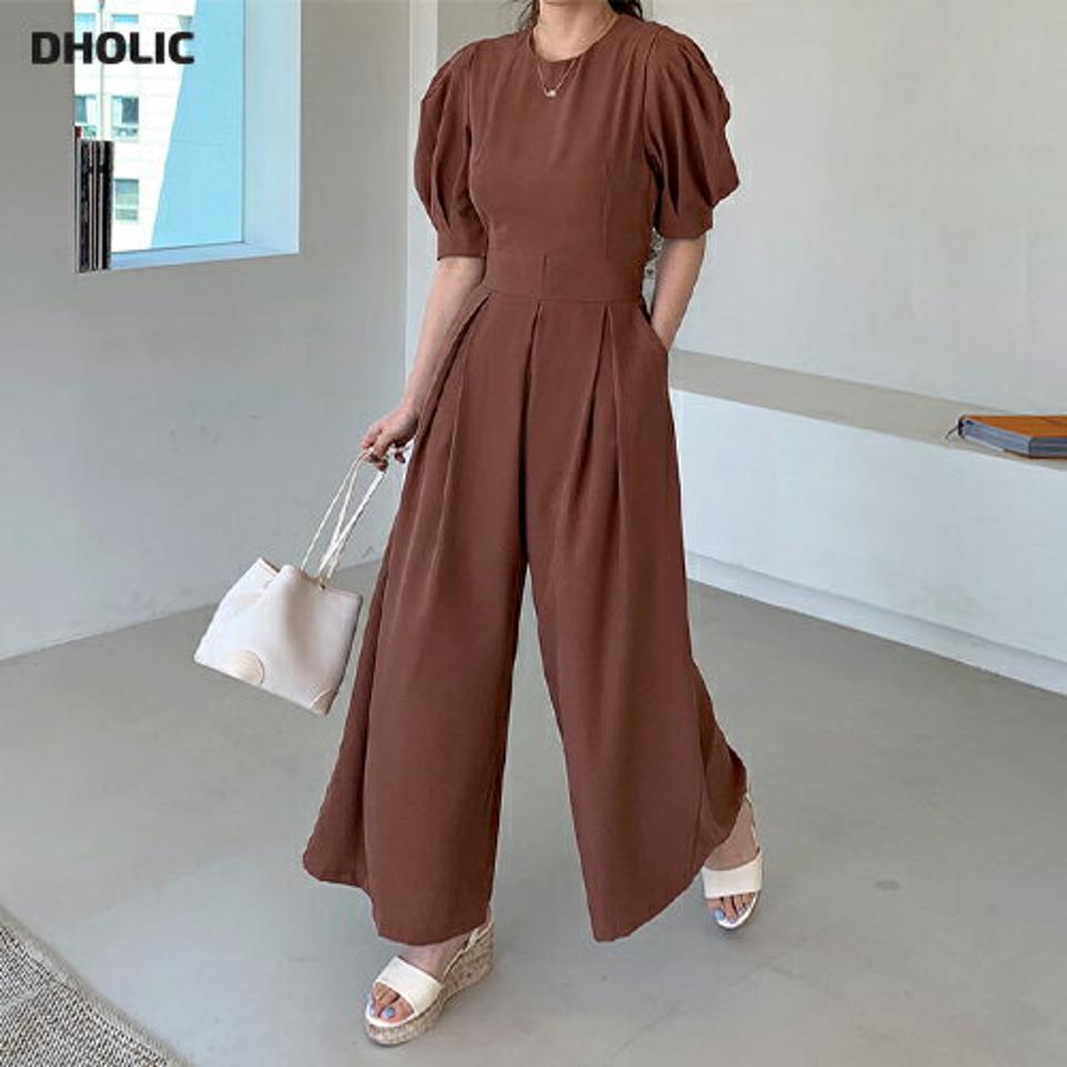 バックボタンパフオールインワン・全2色・b68023 レディース 【pt】【オールインワン パンツ ズボン ロングパンツ 半袖 ハーフスリーブ パフ袖 パフスリーブ 単色 無地 シンプル カジュアル タック 春 秋 韓国 ファッション】【ハイホリHIHOLLI】