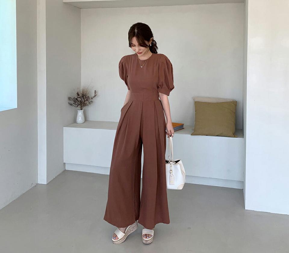 バックボタンパフオールインワン・全2色・b68023 レディース 【pt】【オールインワン パンツ ズボン ロングパンツ 半袖 ハーフスリーブ パフ袖 パフスリーブ 単色 無地 シンプル カジュアル タック 春 秋 韓国 ファッション】【ハイホリHIHOLLI】