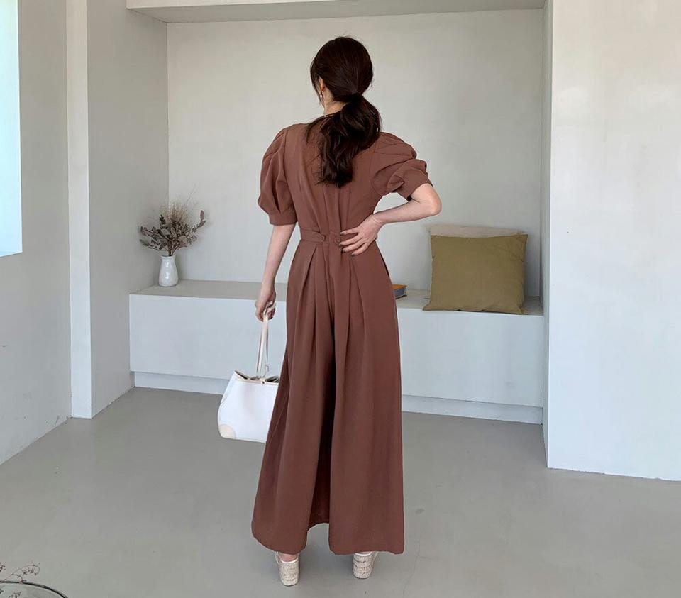 バックボタンパフオールインワン・全2色・b68023 レディース 【pt】【オールインワン パンツ ズボン ロングパンツ 半袖 ハーフスリーブ パフ袖 パフスリーブ 単色 無地 シンプル カジュアル タック 春 秋 韓国 ファッション】【ハイホリHIHOLLI】