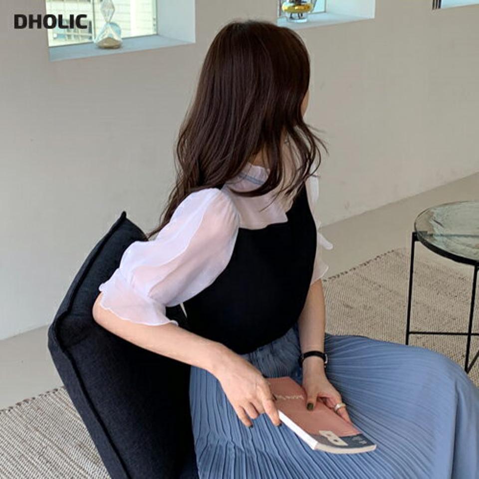 配色フリルブラウス・全2色・b68018 レディース 【bl】 トップス ブラウス 半袖 ハーフスリーブ フリル ガーリー 可愛い かわいい 透け感 シアー シースルー フリルネック 春 夏 韓国 ファッション ハイホリHIHOLLI