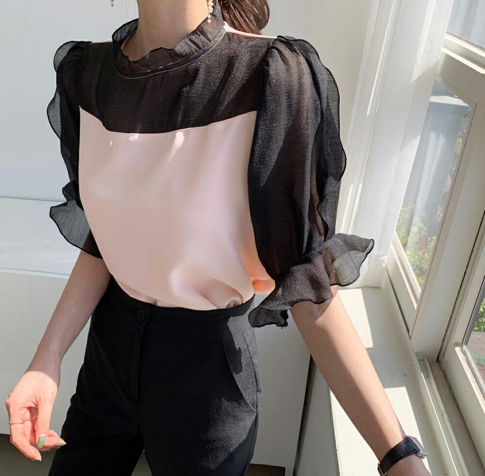 配色フリルブラウス・全2色・b68018 レディース 【bl】 トップス ブラウス 半袖 ハーフスリーブ フリル ガーリー 可愛い かわいい 透け感 シアー シースルー フリルネック 春 夏 韓国 ファッション ハイホリHIHOLLI