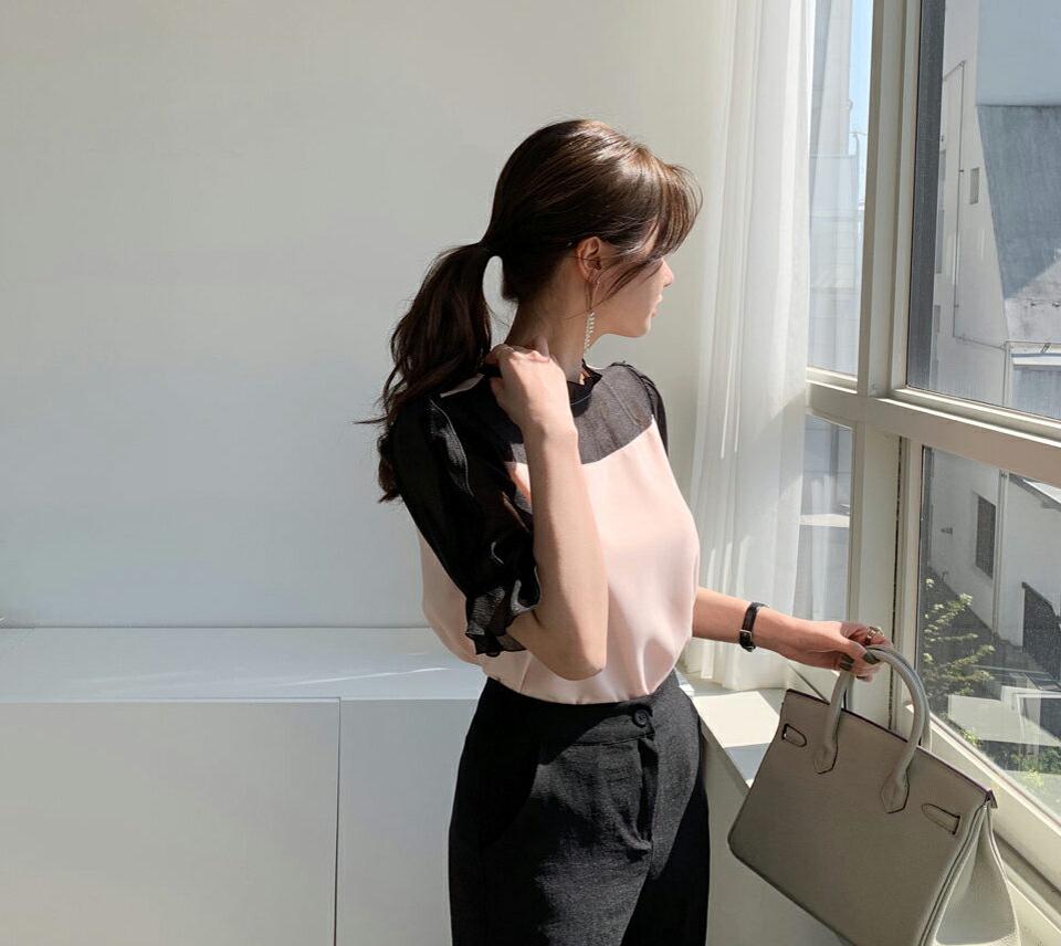 配色フリルブラウス・全2色・b68018 レディース 【bl】 トップス ブラウス 半袖 ハーフスリーブ フリル ガーリー 可愛い かわいい 透け感 シアー シースルー フリルネック 春 夏 韓国 ファッション ハイホリHIHOLLI