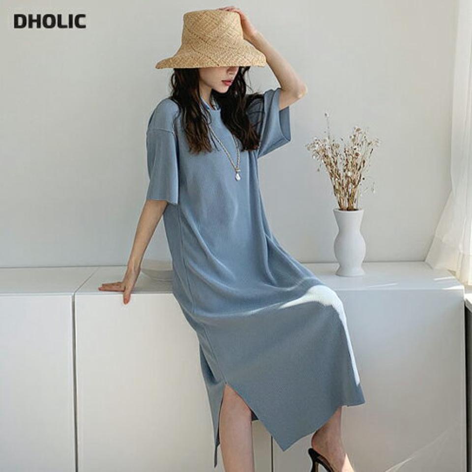 【10%OFF】ラウンドプリーツスリットワンピース・全6色・b68014 レディース 【ops】ワンピース ロングワンピース 半袖 ハーフスリーブ プリーツ スリット 単色 無地 シンプル カジュアル ラフ 体型カバー 水色 春 夏 人気 韓国ファッション ハイホリHIHOLLI セール SALE