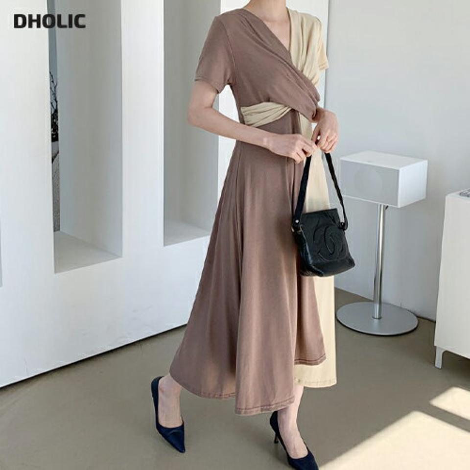 配色ツイストワンピース・全3色・b68029 レディース 【ops】【ワンピース ロング ロングワンピース 半袖 ツイスト 配色 大人 バイカラー Tシャツワンピース カットソーワンピース 韓国 ファッション】【ハイホリHIHOLLI】