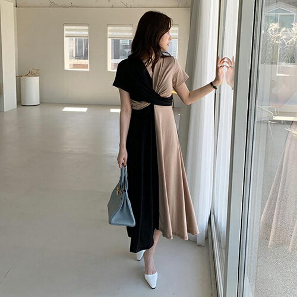 配色ツイストワンピース・全3色・b68029 レディース 【ops】【ワンピース ロング ロングワンピース 半袖 ツイスト 配色 大人 バイカラー Tシャツワンピース カットソーワンピース 韓国 ファッション】【ハイホリHIHOLLI】