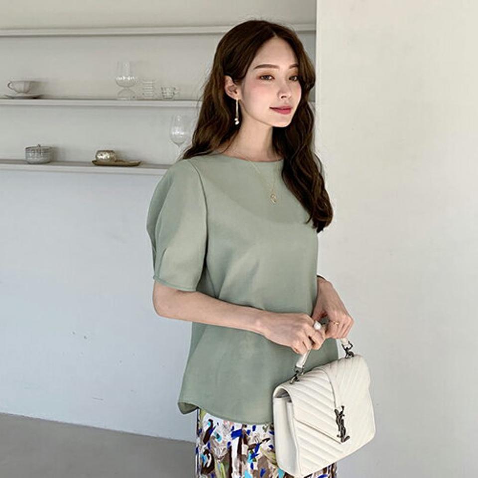 ラウンドパフブラウス・全4色・68030 レディース 【bl】【トップス ブラウス 半袖 ハーフスリーブ パフ袖 パフスリーブ 単色 無地 シンプル 可愛い かわいい 春 夏 韓国 ファッション】【ハイホリHIHOLLI】