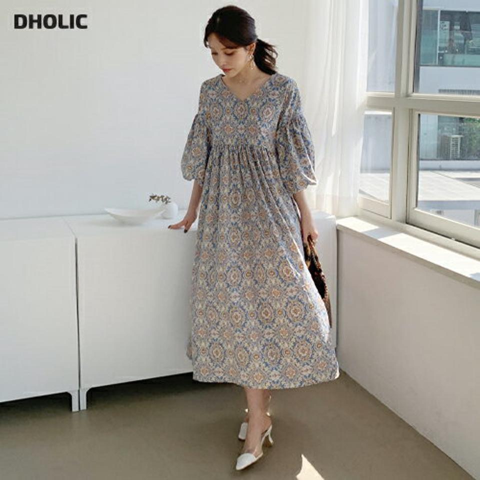 【スーパーセール特価】ボヘミアンフローラルパフワンピース・全2色・b68015 レディース 【ops】 ワンピース ロング ロングワンピース 半袖 ハーフスリーブ 花柄 フラワー ボヘミアン 大人 春 夏 韓国 ファッション ハイホリHIHOLLI