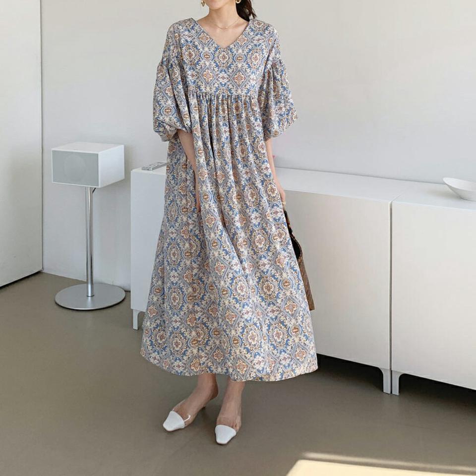 【スーパーセール特価】ボヘミアンフローラルパフワンピース・全2色・b68015 レディース 【ops】 ワンピース ロング ロングワンピース 半袖 ハーフスリーブ 花柄 フラワー ボヘミアン 大人 春 夏 韓国 ファッション ハイホリHIHOLLI