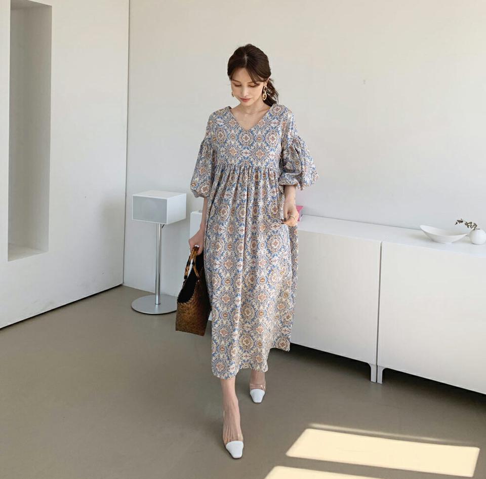 【スーパーセール特価】ボヘミアンフローラルパフワンピース・全2色・b68015 レディース 【ops】 ワンピース ロング ロングワンピース 半袖 ハーフスリーブ 花柄 フラワー ボヘミアン 大人 春 夏 韓国 ファッション ハイホリHIHOLLI