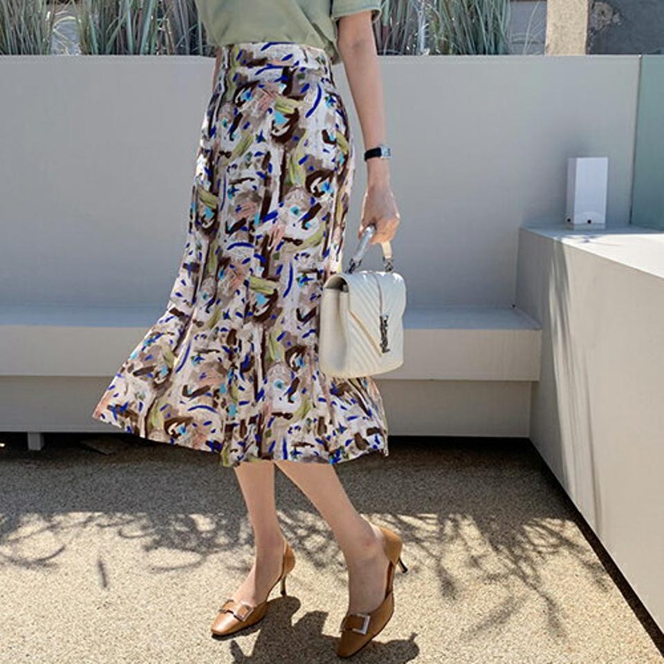 ペイントパターンスカート・全2色・b68038 レディース 【sk】【スカート ミディ丈 ミディスカート 総柄 ペイント アンバランス 春 夏 秋 韓国 ファッション】【ハイホリHIHOLLI】