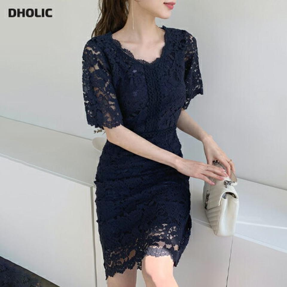レースミディワンピース・全3色・t68022 レディース 【ops】【ワンピース ミディ丈 ミディワンピース 半袖 ハーフスリーブ 総レース レース フェミニン デコルテ 鎖骨 きれいめ Hライン 春 夏 韓国 ファッション】【ハイホリHIHOLLI】