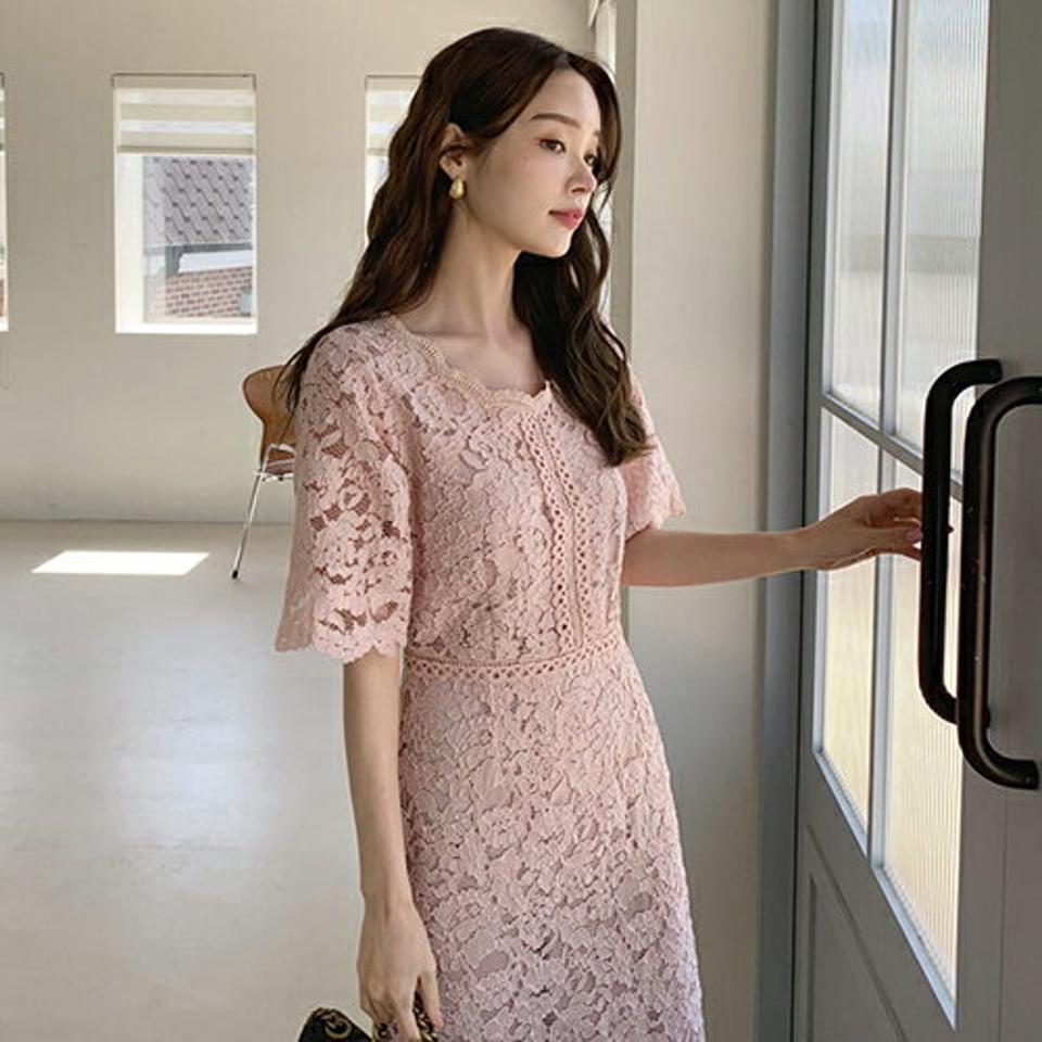 レースミディワンピース・全3色・t68022 レディース 【ops】【ワンピース ミディ丈 ミディワンピース 半袖 ハーフスリーブ 総レース レース フェミニン デコルテ 鎖骨 きれいめ Hライン 春 夏 韓国 ファッション】【ハイホリHIHOLLI】