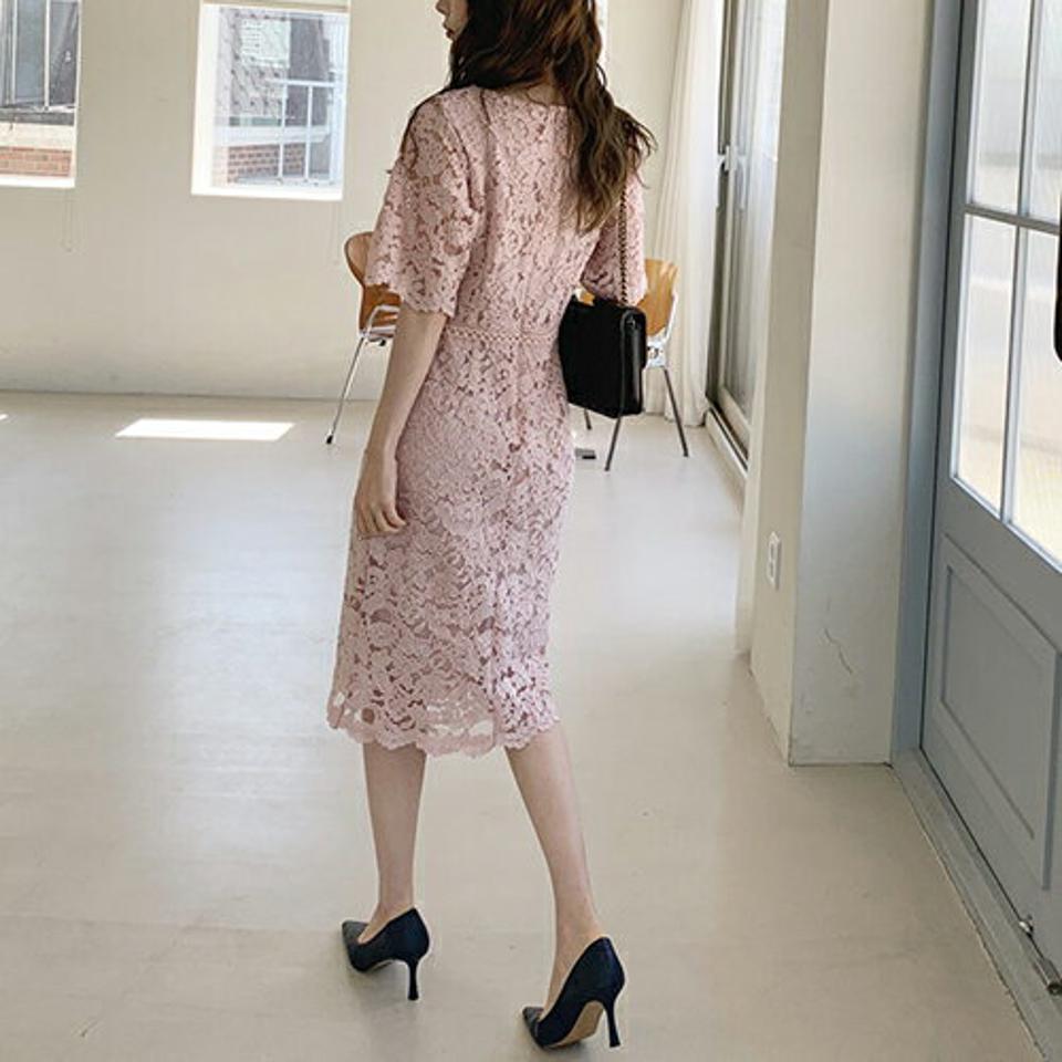 レースミディワンピース・全3色・t68022 レディース 【ops】【ワンピース ミディ丈 ミディワンピース 半袖 ハーフスリーブ 総レース レース フェミニン デコルテ 鎖骨 きれいめ Hライン 春 夏 韓国 ファッション】【ハイホリHIHOLLI】