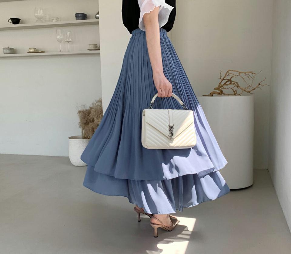 プリーツティアードスカート・全4色・t68033 レディース 【sk】【スカート ロング ロングスカート ティアード プリーツ プリーツスカート 単色 フェミニン シンプル 可愛い かわいい ボリューム ウエストゴム 春 秋 韓国 ファッション】【ハイホリHIHOLLI】
