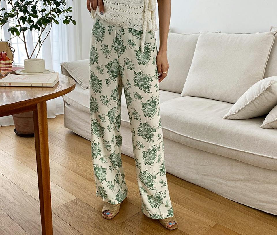 バックゴム花柄パンツ・全3色・t57290 レディース 【pt】【韓国 ファッション ボトムス ロング ロングパンツ 花柄 フラワー パターン ワイドパンツ 美脚 10分丈 十分丈 細身 体型カーバー スリム 夏 春】