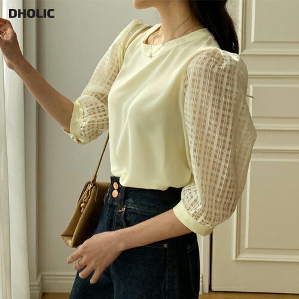 チェックシアースリーブブラウス・全3色・57283 レディース 【bl】【韓国 ファッション トップス ブラウス 半袖 チェック柄 シースルー 7分袖 パール ラウンドネック ボリューム フェミニン 体型カバー スリム 細身 夏 春】