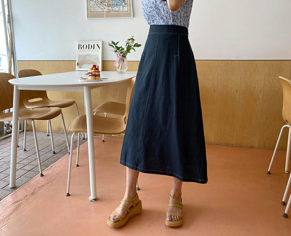 ステッチAラインスカート・全2色・b57289 レディース 【sk】【韓国 ファッション ボトムス スカート ロング ロングスカート ステッチ ハイウエスト ジッパー付き Aライン 無地 ベーシック フェミニン 体型カバー 細身 カジュアル 夏 春】