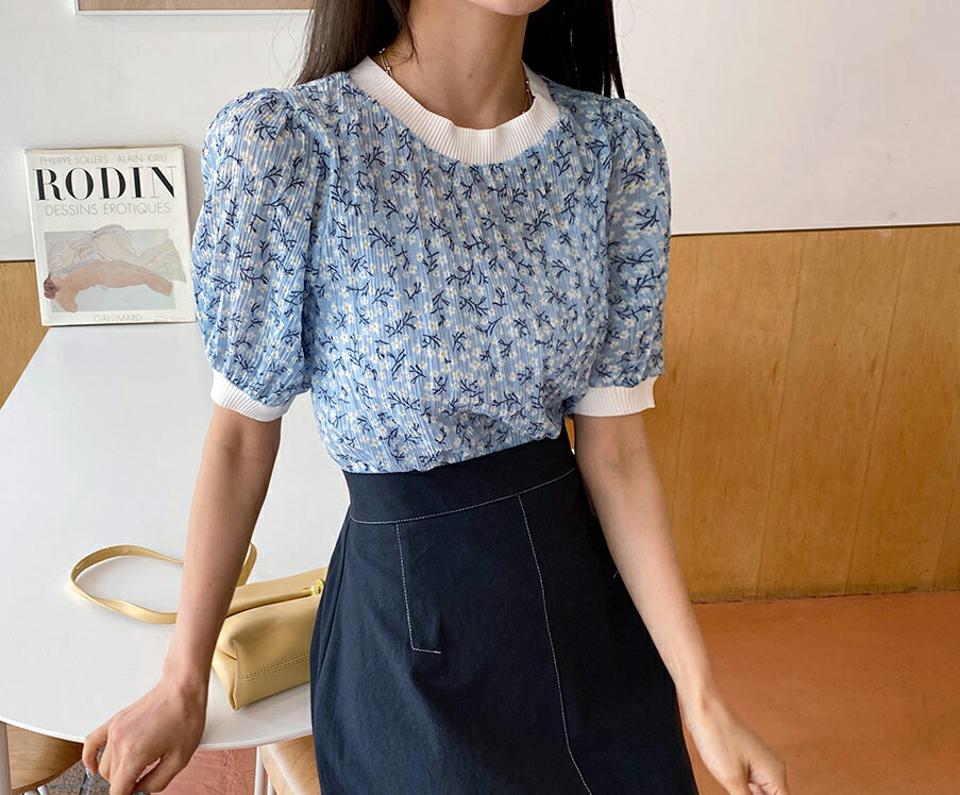 リンクルフラワー半袖Tシャツ・全3色・b57256 レディース 【tops】 韓国 ファッション トップス Tシャツ 半袖 花柄 フラワー パターン ラウンドネック リブ 配色 リンクル ショートスリーブ フェミニン カジュアル 体型カーバー 夏 春